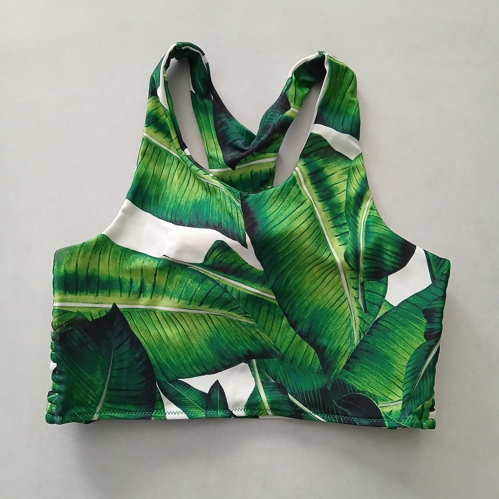 Green Boho Y2K VTG Swim Tropical Resort Beach Stripe Vacation‎ Bikini Top Large